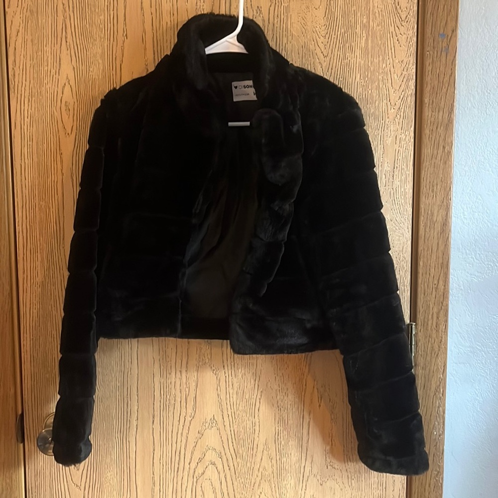 Faux fur black cropped jacket in size M